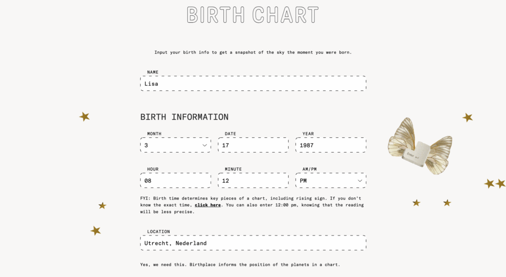 Chani geboortehoroscoop calculator ingevuld voorbeeld
